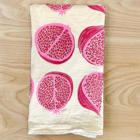 Tea Towel, Pomegranate Design, Silkscreened on Unbleached Cotton
