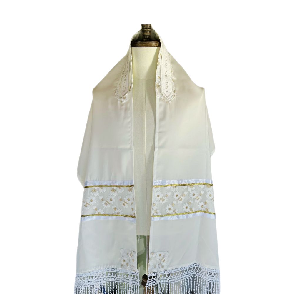 Tallit Set, Delicate Gold and White Floral Design with Detailed Bottom Fringe, Fine White Cotton