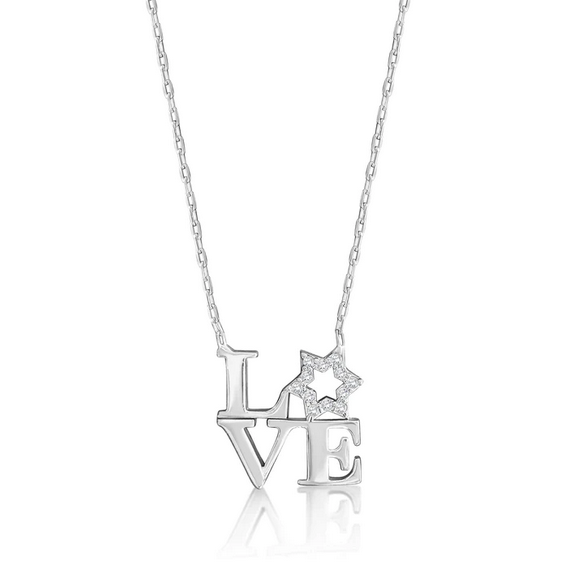 Necklace, Love in Square Block with CZ Star, Sterling Silver