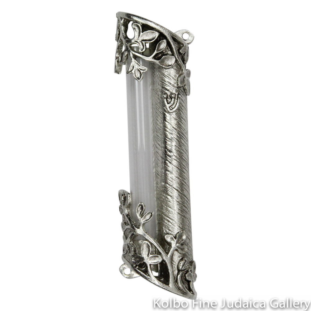 Wedding Mezuzah, Leaf Design, Silver Plate Over Pewter Base