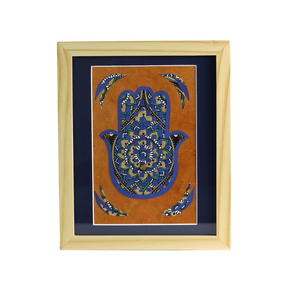 Hamsa, Hand Woven Paper, Navy and Copper with Amber Beads, Framed