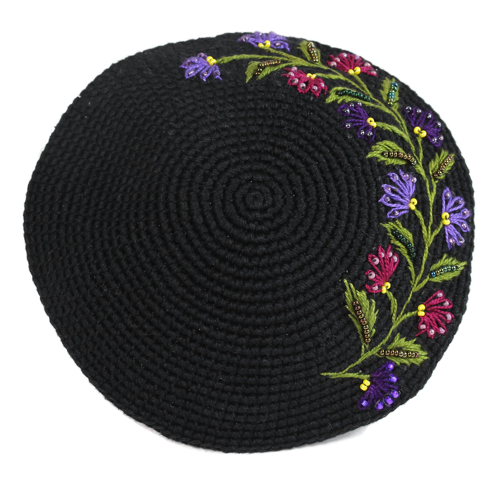 Kippah, Black, Embroidered Green and Purple Flowers with Beading, Fair Trade
