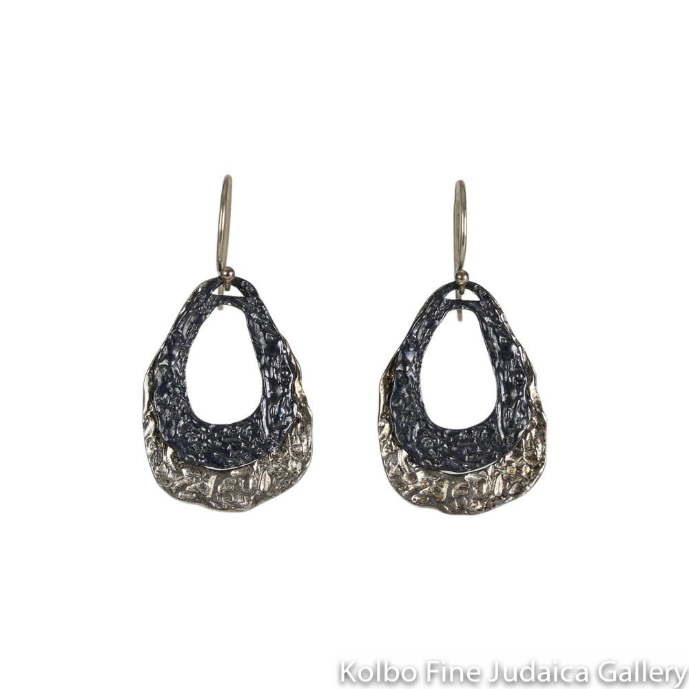 Earrings, Textured, Sterling Silver and Oxidized Sterling Silver Teardrop Hoops, Wire