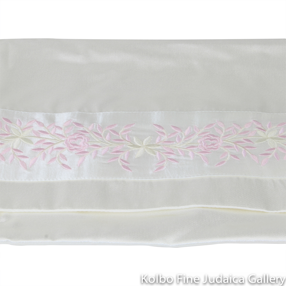 Tallit Set, Embroidered Vine Design in Pink on White Brushed Cotton
