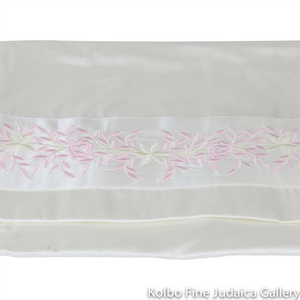 Tallit Set, Embroidered Vine Design in Pink on White Brushed Cotton