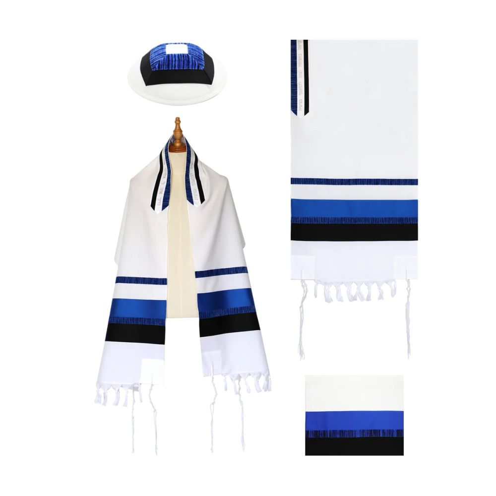 Tallit Set, Vivid Blue and Black Striping with Textured Detail, Fine Wool,. 22x80