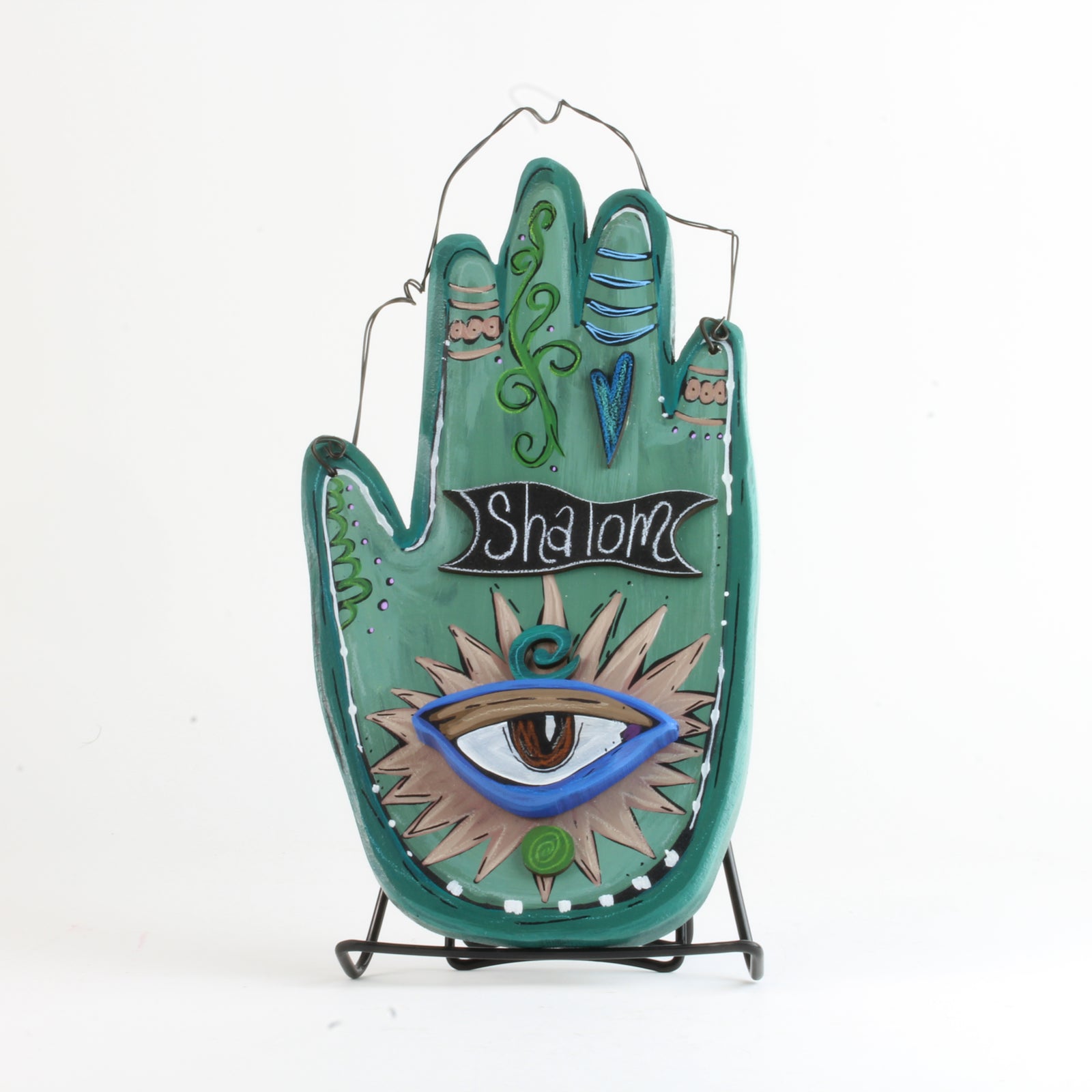 Hamsa, Wall Art, Hand Made, Painted Wood, Shalom, Eye, on Teal