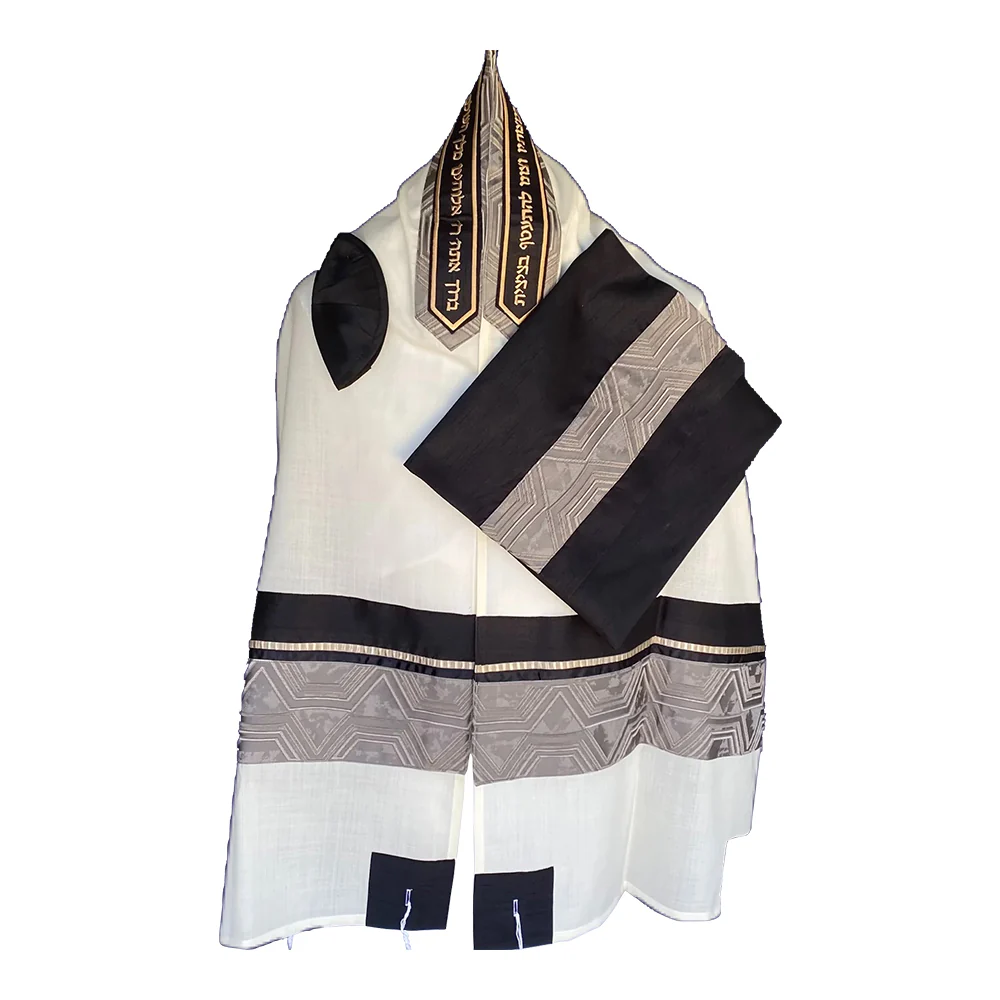 Tallit Set, Gray Geometric Band, Black and Gold Stripes, Fine White Cotton