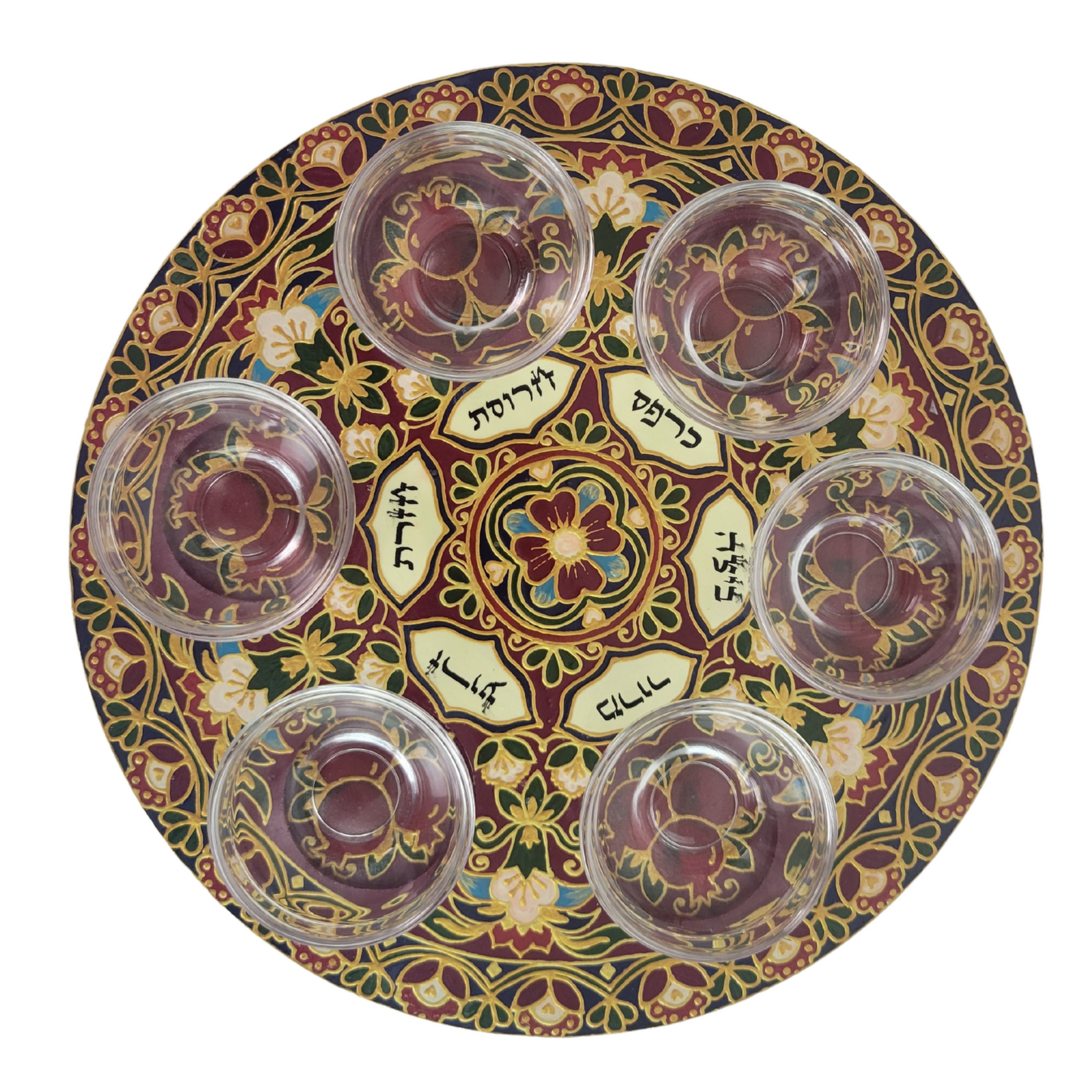 Seder Plate, Hand-Painted Wood with Glass Bowls, Pomegranates, #68