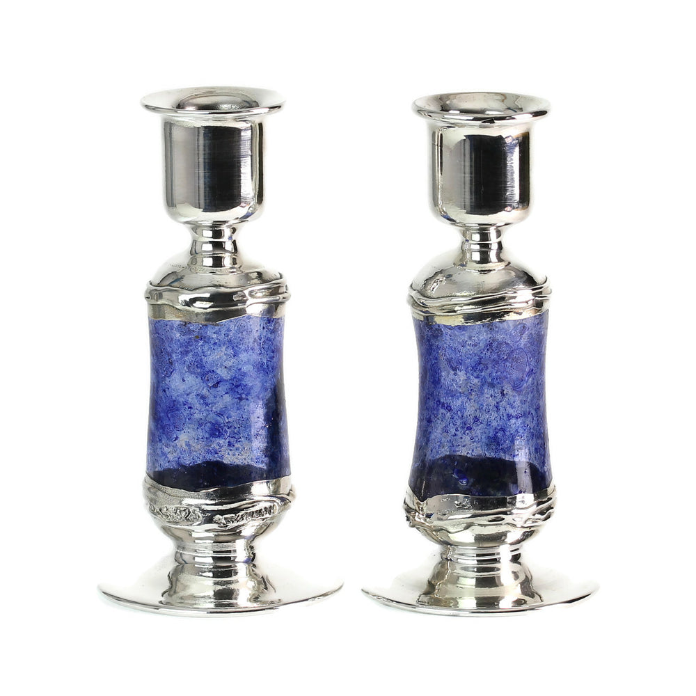 Candlesticks, Blue Glass and Electroform Sterling Silver, Shorter Style