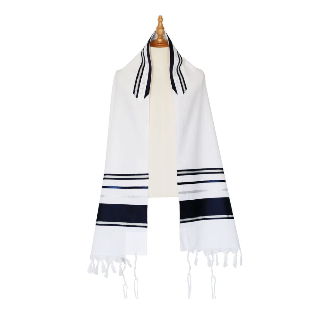Tallit Set, Navy and Silver Detailed Striping, Light Wool, Three Piece Set