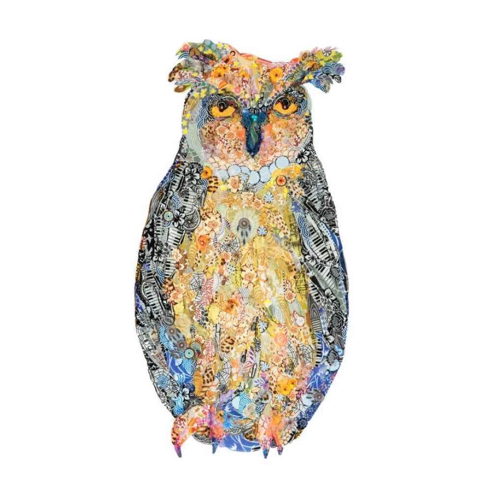 Owl, Print of Japanese Paper Collage on Adhesive Backing, Medium