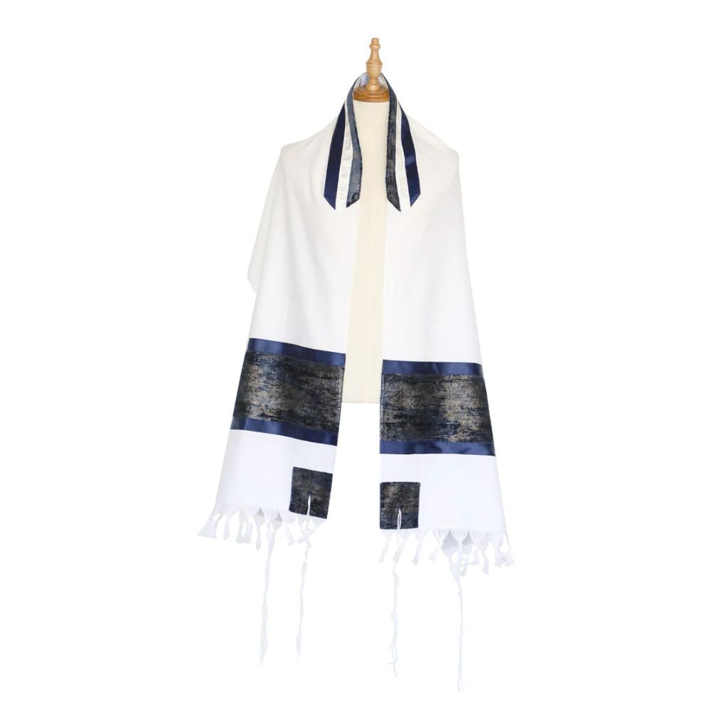 Tallit Set, Wide Navy Blue and Bronze Velvet Band on Soft Wool
