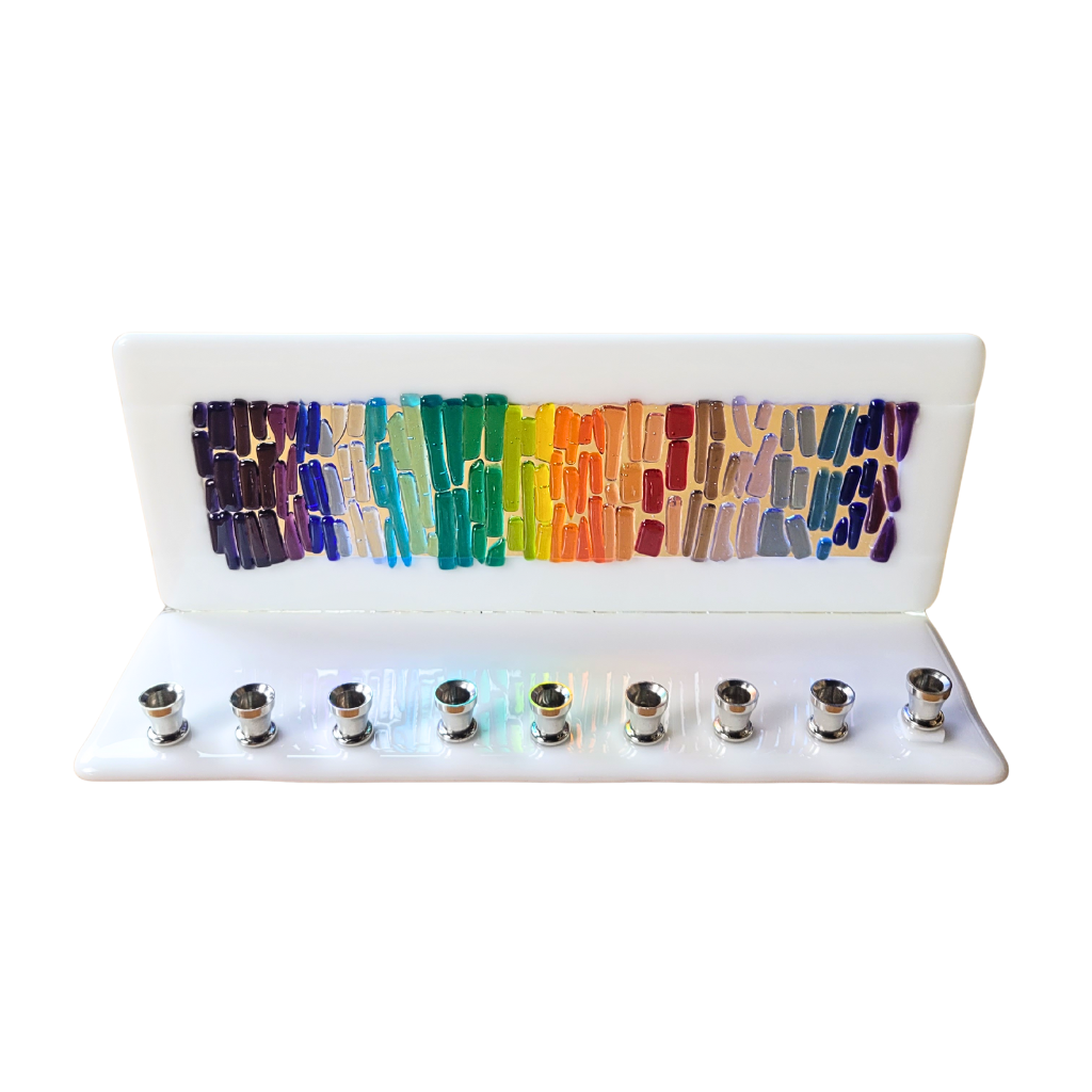 Menorah, Rainbow Fused Glass, White Opaque Glass Base, Hand Made