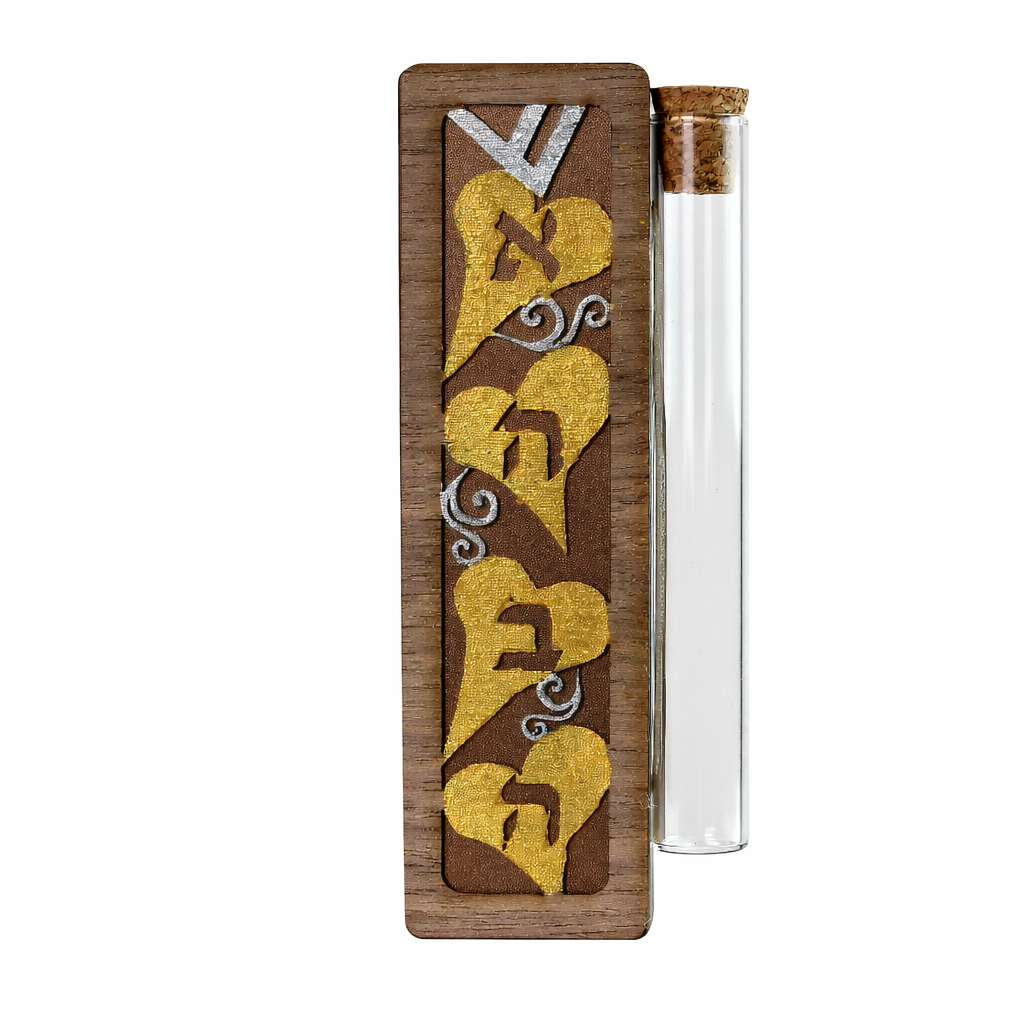 Wedding Mezuzah, Ahava in Hebrew, Brown Backing, Cut Wood with Aluminum Base