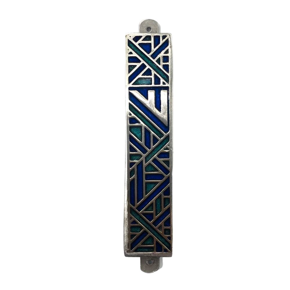Mezuzah, Blue and Teal Geometric Design, Pewter Alloy