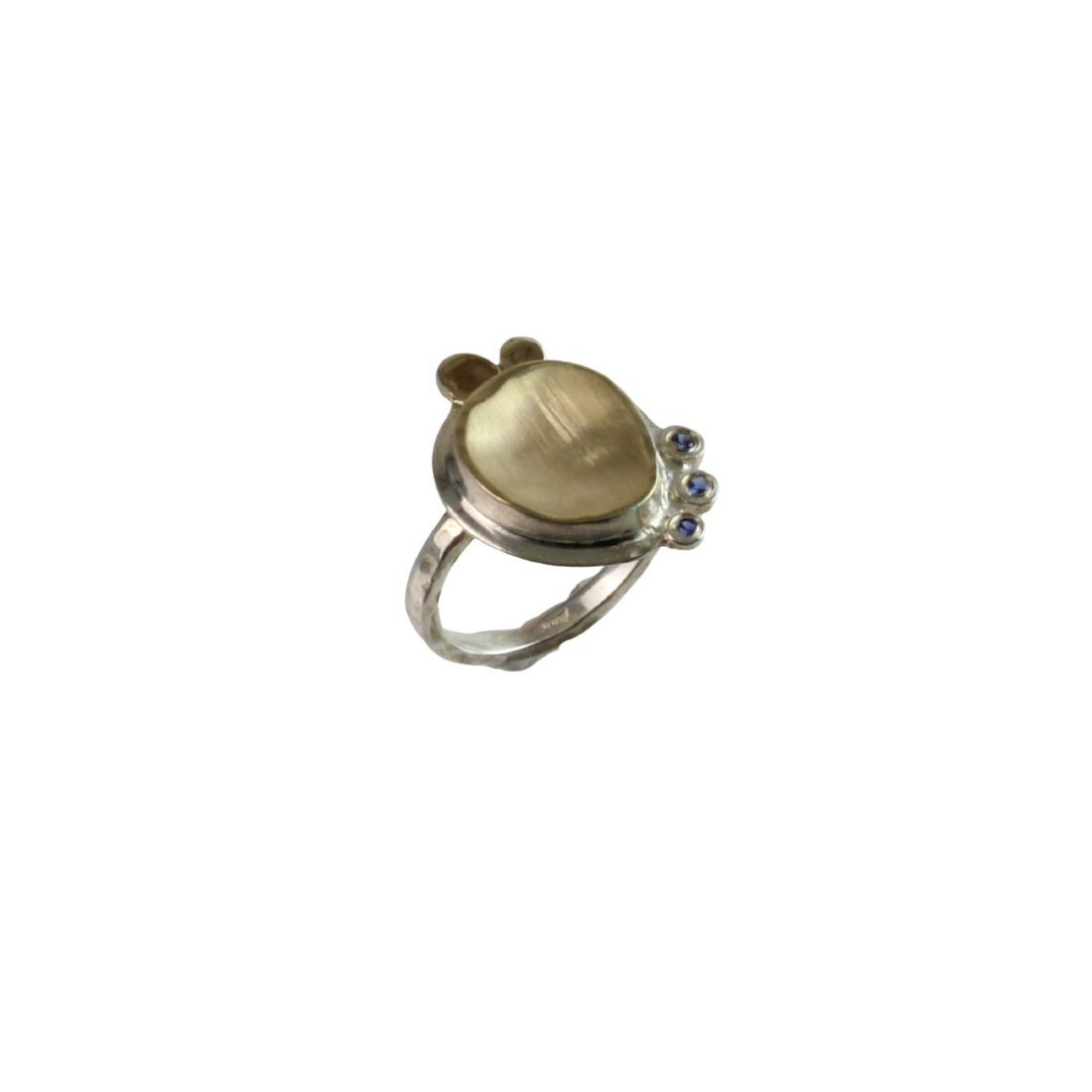 Ring, 9k Gold Center with 3 Sapphires and Sterling Silver Setting, Size 6.5