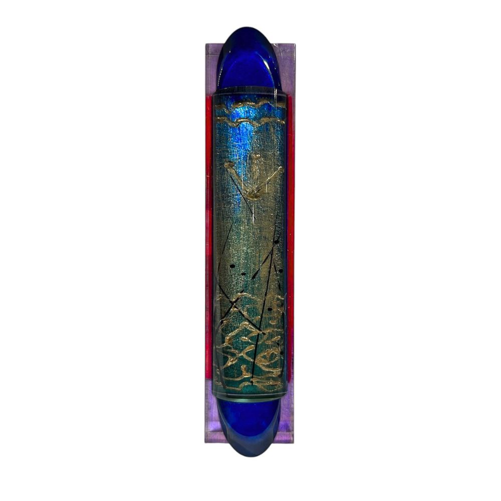 Mezuzah, Hand Painted Design with Gold Leaf, Lucite, One of a Kind