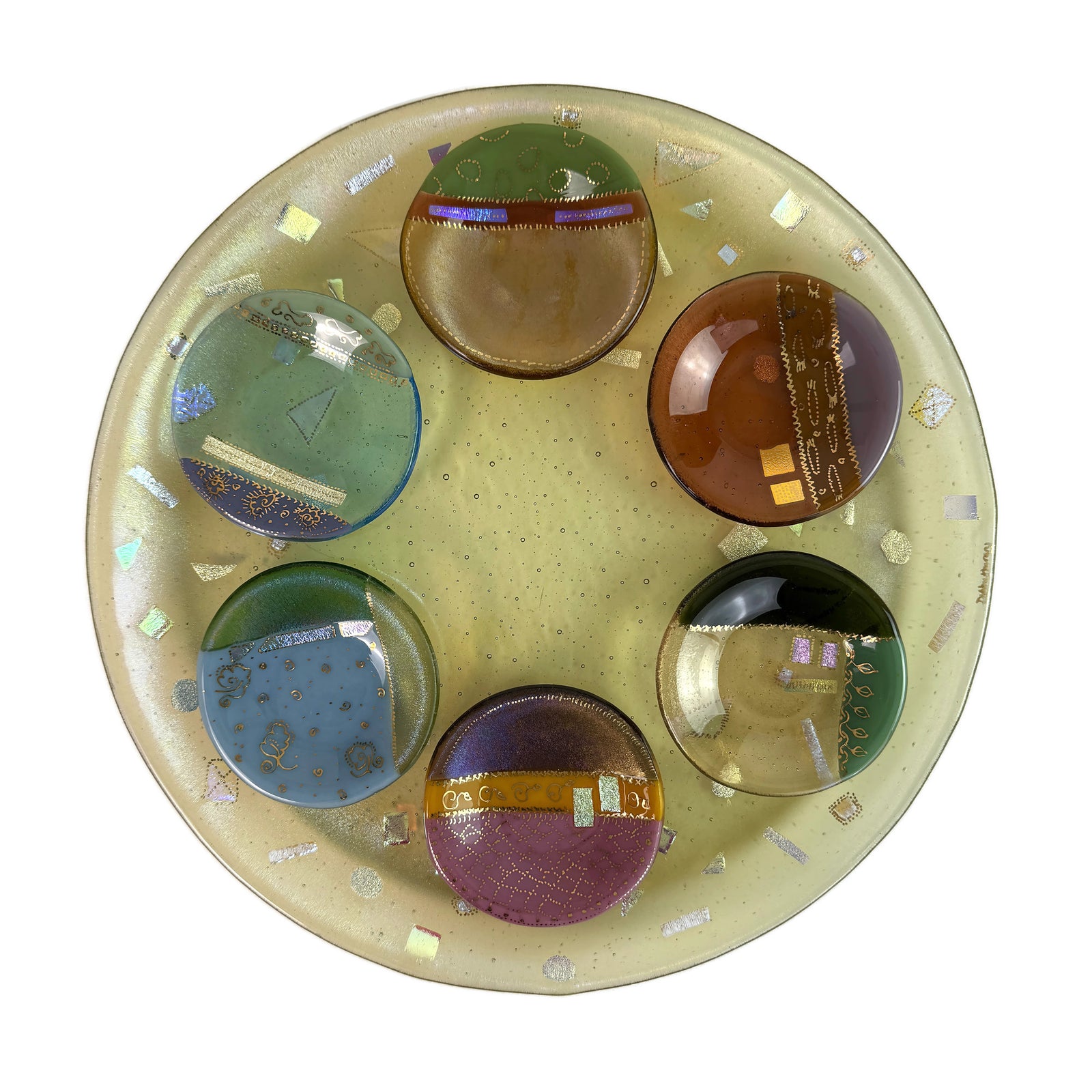 Seder Plate, Symbols of Spring, Hand Drawn 22K Gold Luster, Fused and Iridized Glass