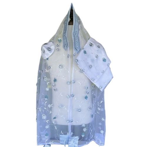 Tallit Set, Soft Soft Blue Floral Design on Organza
