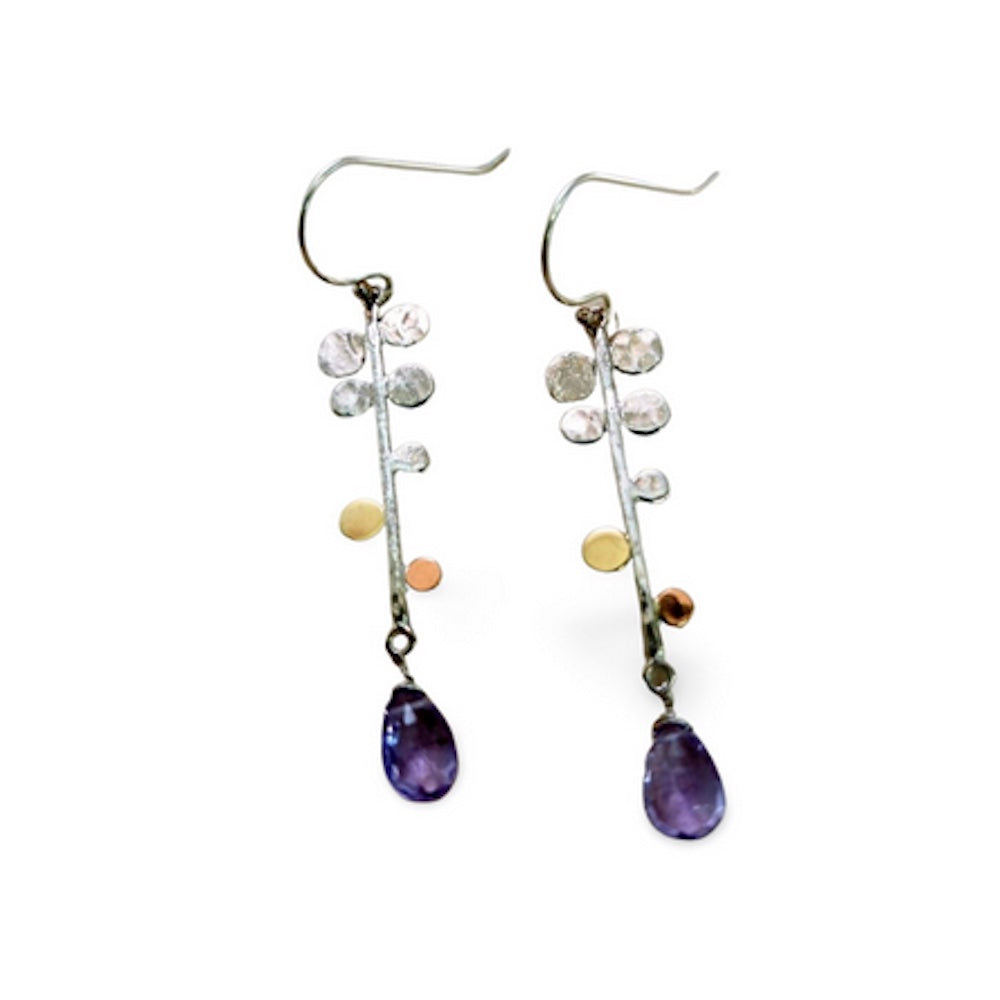 Earrings, Vine with Amethyst, Sterling Silver and 9K Gold