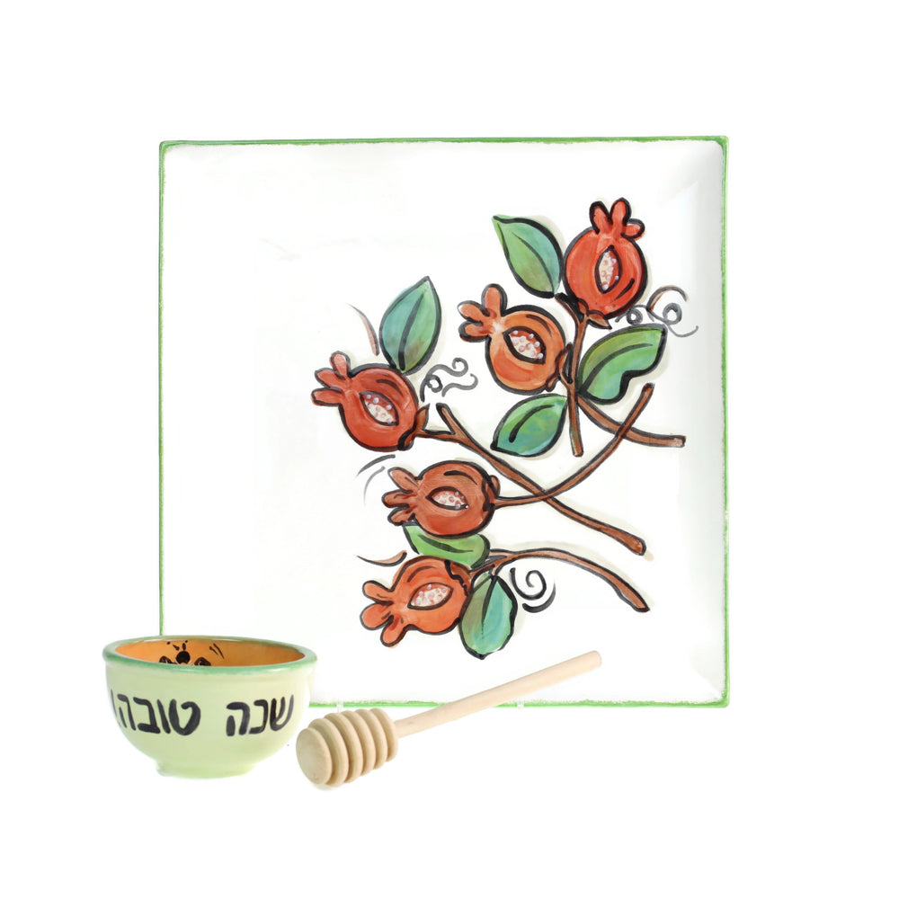 Honey and Apple Set, Pomegranate Design, Hand Painted Ceramic