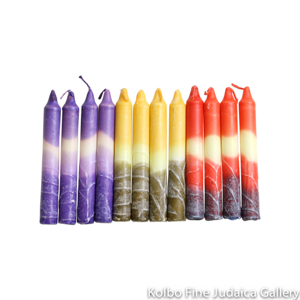 Shabbat Candles, Mixed Multicolor Box of 12, Unscented Dripless Paraffin