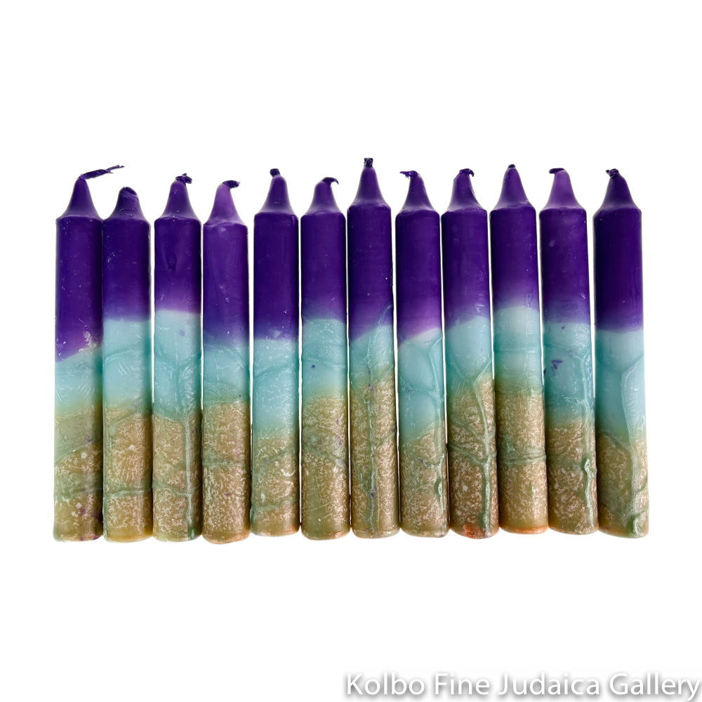 Shabbat Candles, Purple and Turquoise Box of 12, Unscented Dripless Paraffin
