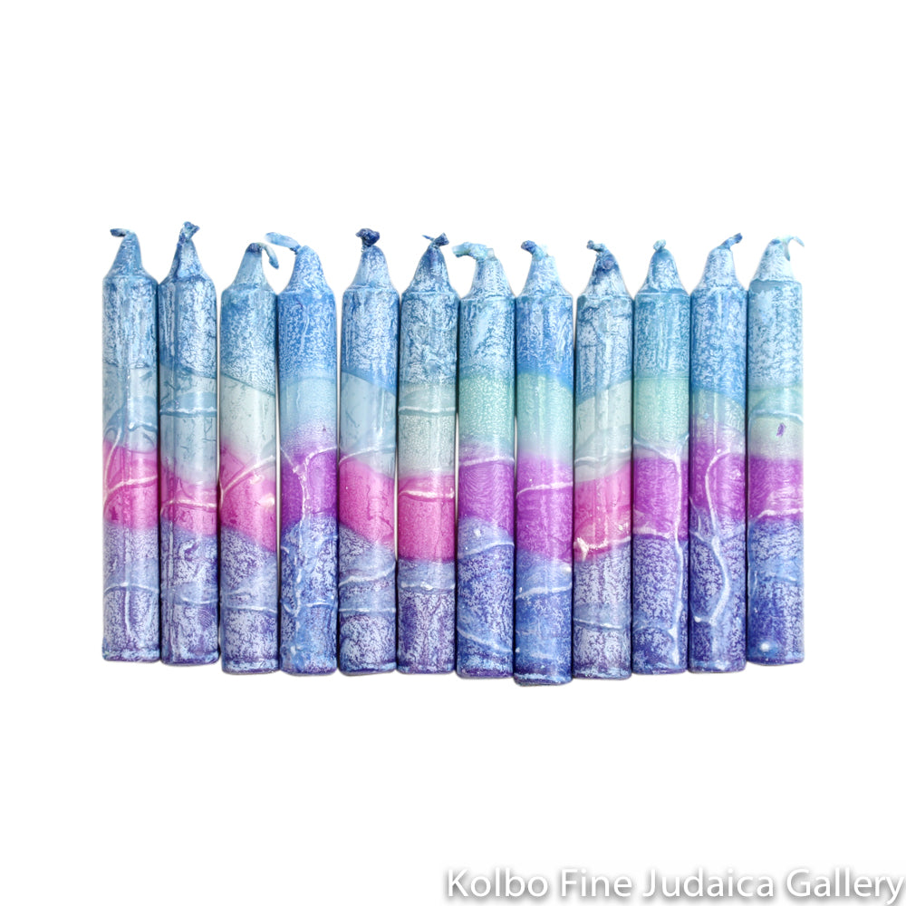 Shabbat Candles, Blue and Purple Box of 12, Unscented Dripless Paraffin
