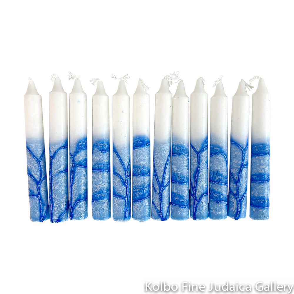 Shabbat Candles, White with Blue Detail, Box of 12, Unscented Dripless Paraffin