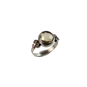 Ring, Citrine Center with Tourmaline Clusters, Sterling Silver, Size 8.75