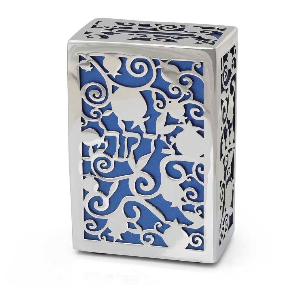 Tzedakah Box, Cut Out Pomegranate Design on Blue