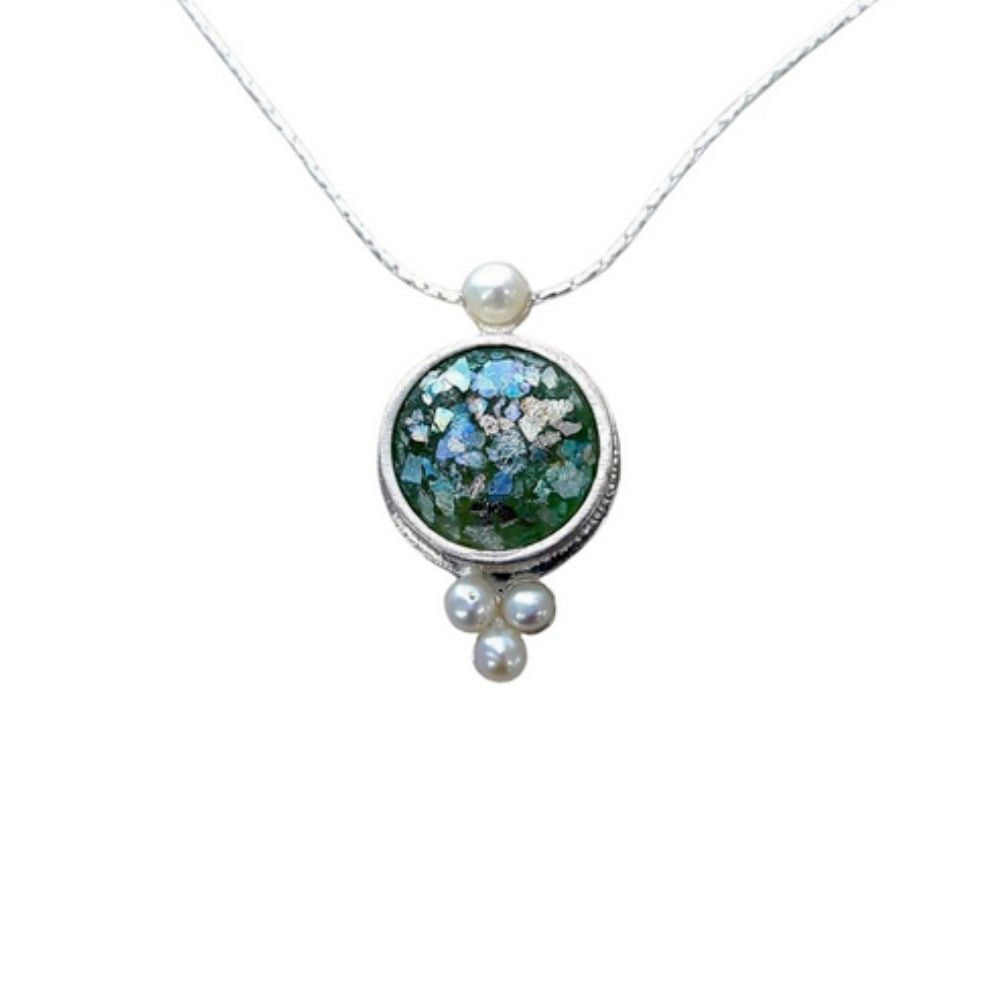 Necklace, Blue Roman Glass with Three Small White Pearls, Sterling Silver