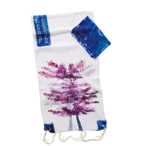 Tallit Set, Purple Tree Design, Chiffon 18 x 72”