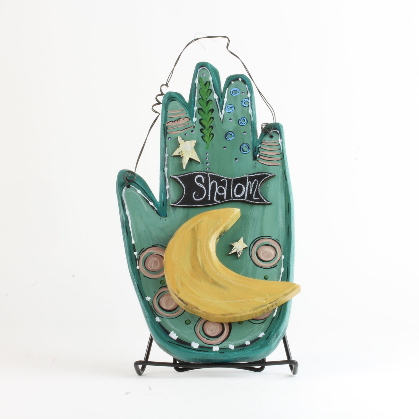 Hamsa, Wall Art, Hand Made, Painted Wood, Shalom, Moon on Teal