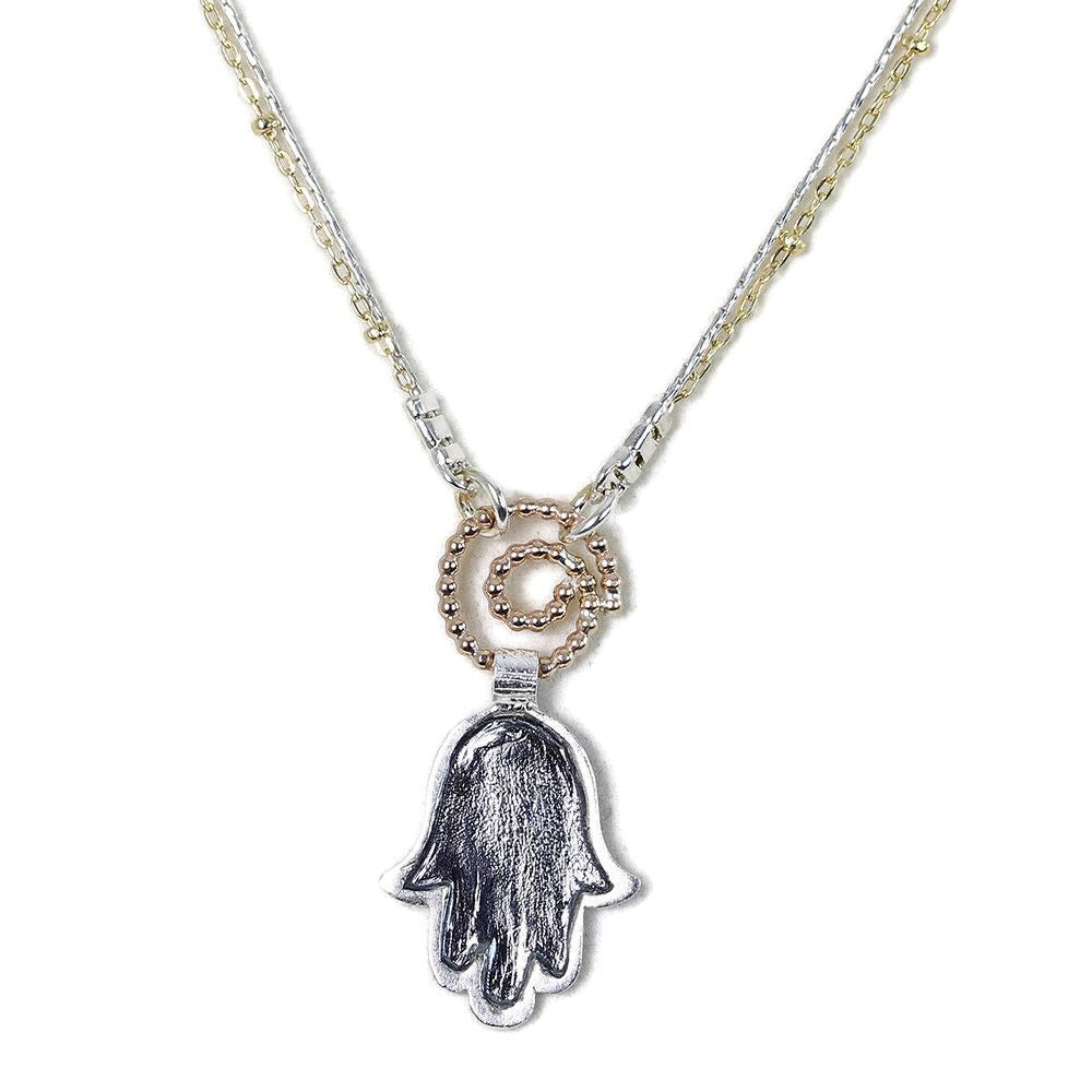 Necklace, Hamsa with Spiral Design, Oxidized and Matte Sterling Silver with Gold Filled Detail