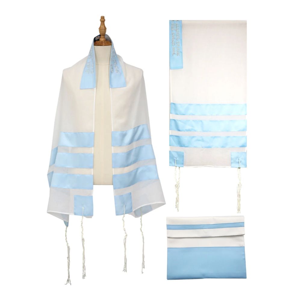 Tallit Set, Soft Blue Striping on Poly Blend