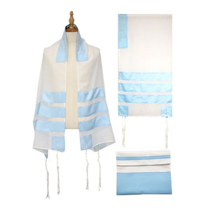 Tallit Set, Soft Blue Striping on Poly Blend
