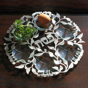 Seder Plate, Spring Design, Lasercut Stainless Steel with Six Glass Dishes