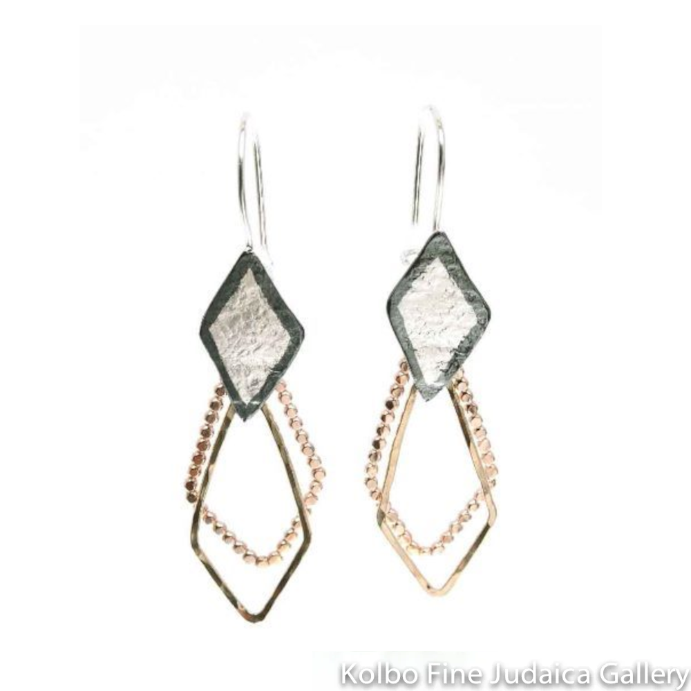 Earrings, Textured Triangular Shapes of Sterling Silver and Gold Filled