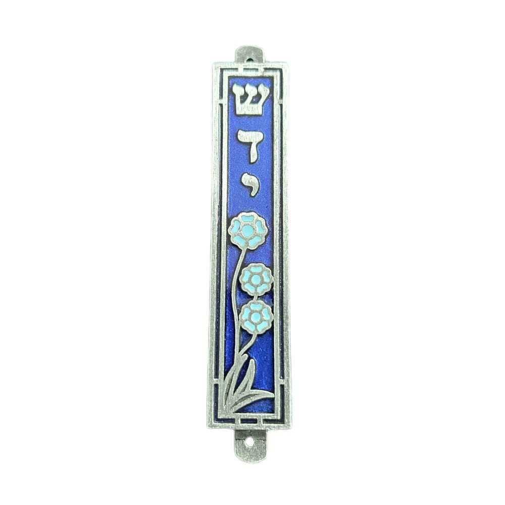 Mezuzah, Dark Blue with Flowers, Pewter