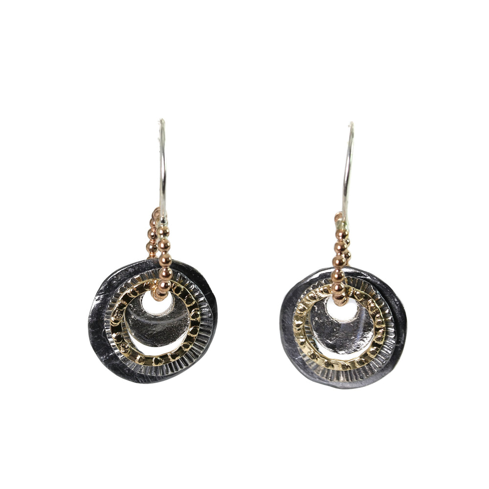 Earrings, Rings of Textured and Oxidized Sterling Silver and Gold Filled