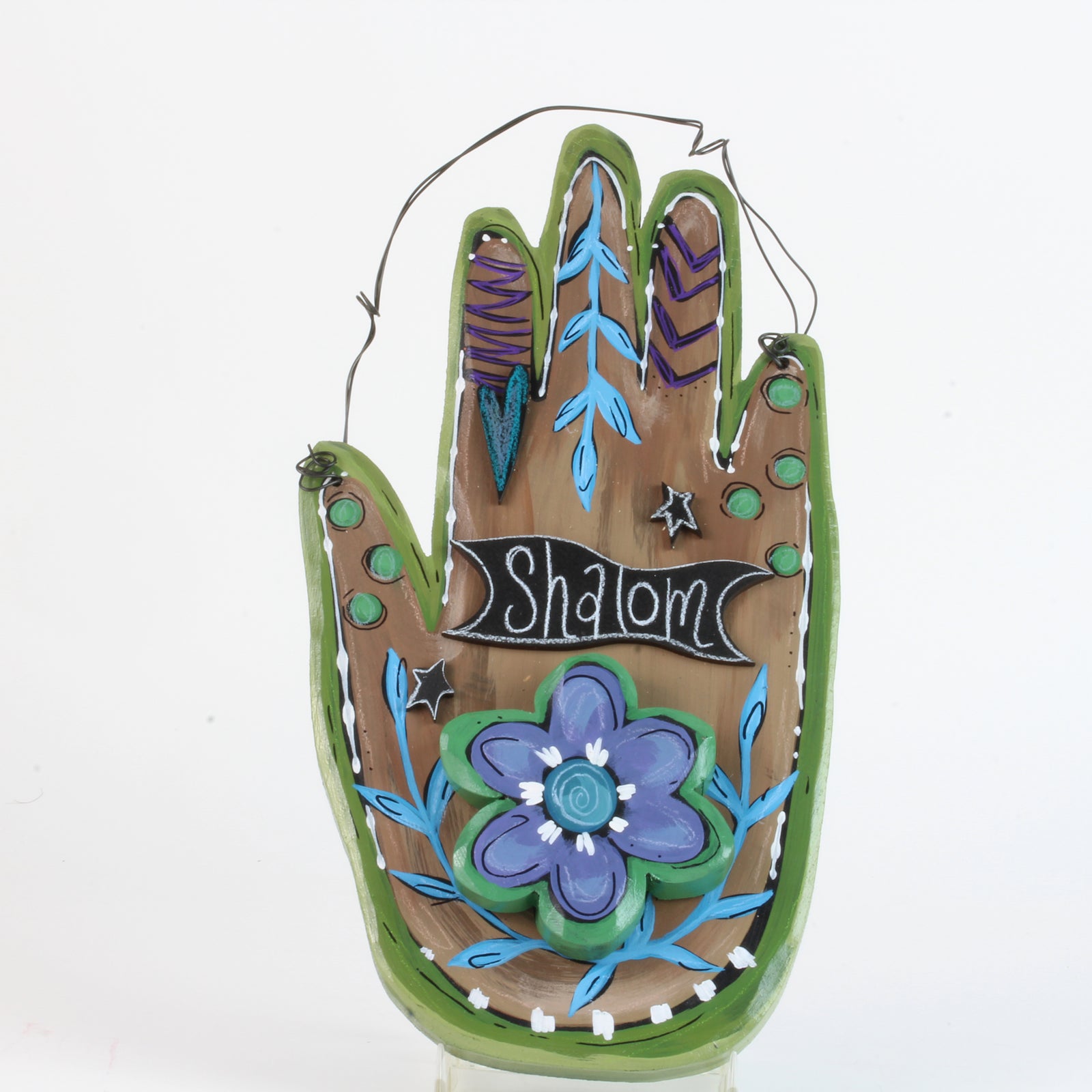 Hamsa, Wall Art, Hand Made, Painted Wood, Shalom, Flower on Brown