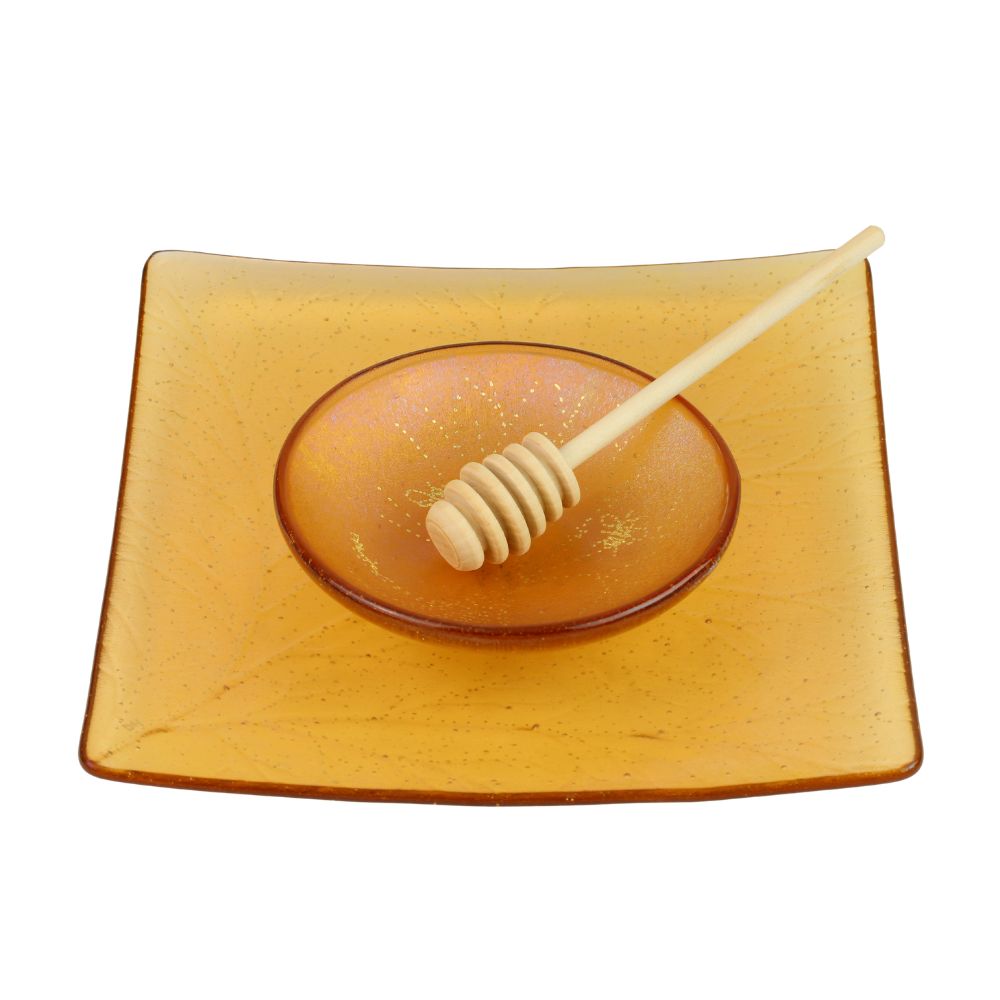 Honey and Apple Set, Square Leaf Plate with Honeybee Bowl, Amber Glass