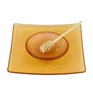 Honey and Apple Set, Square Leaf Plate with Honeybee Bowl, Amber Glass