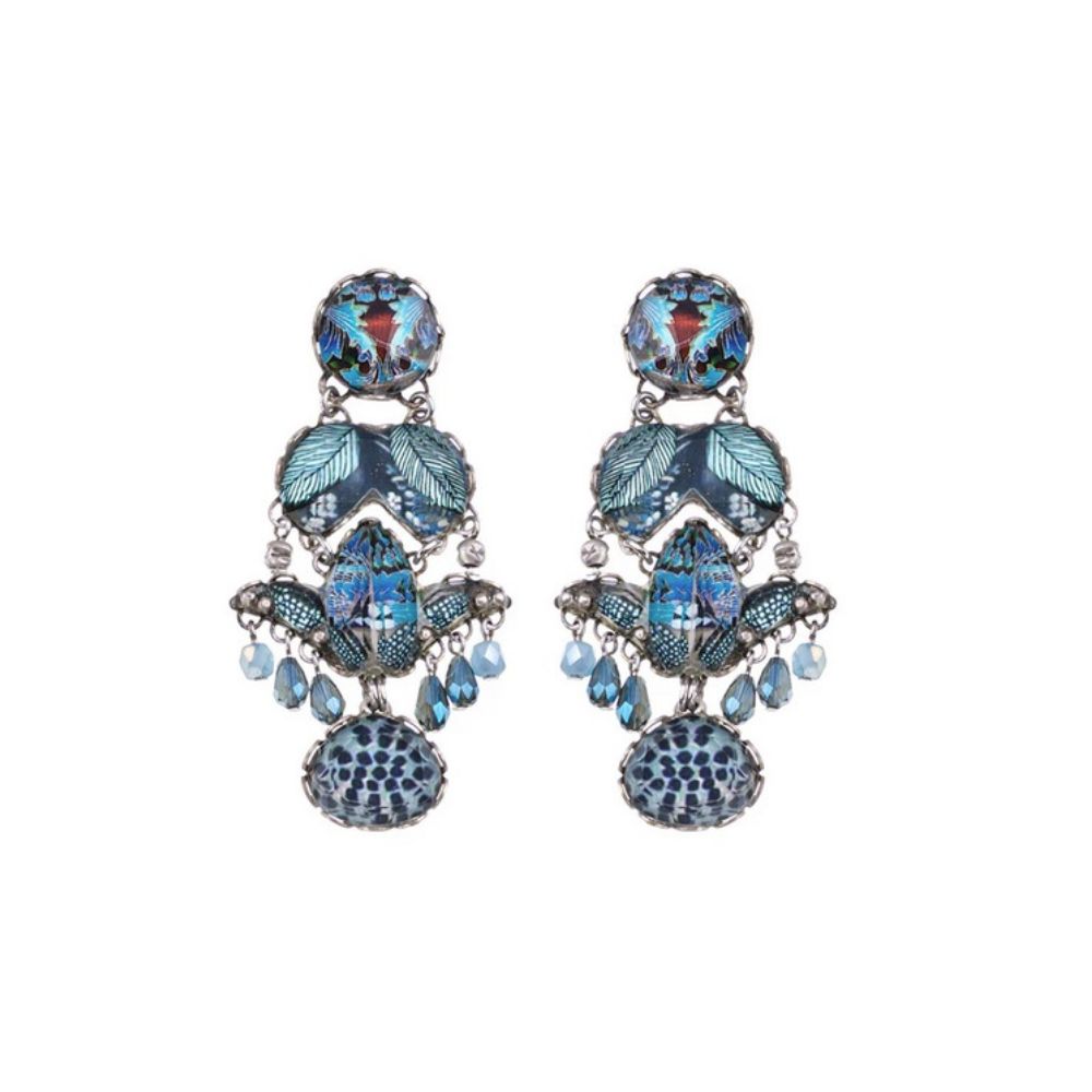 Earrings, Blue Floral Design, Post