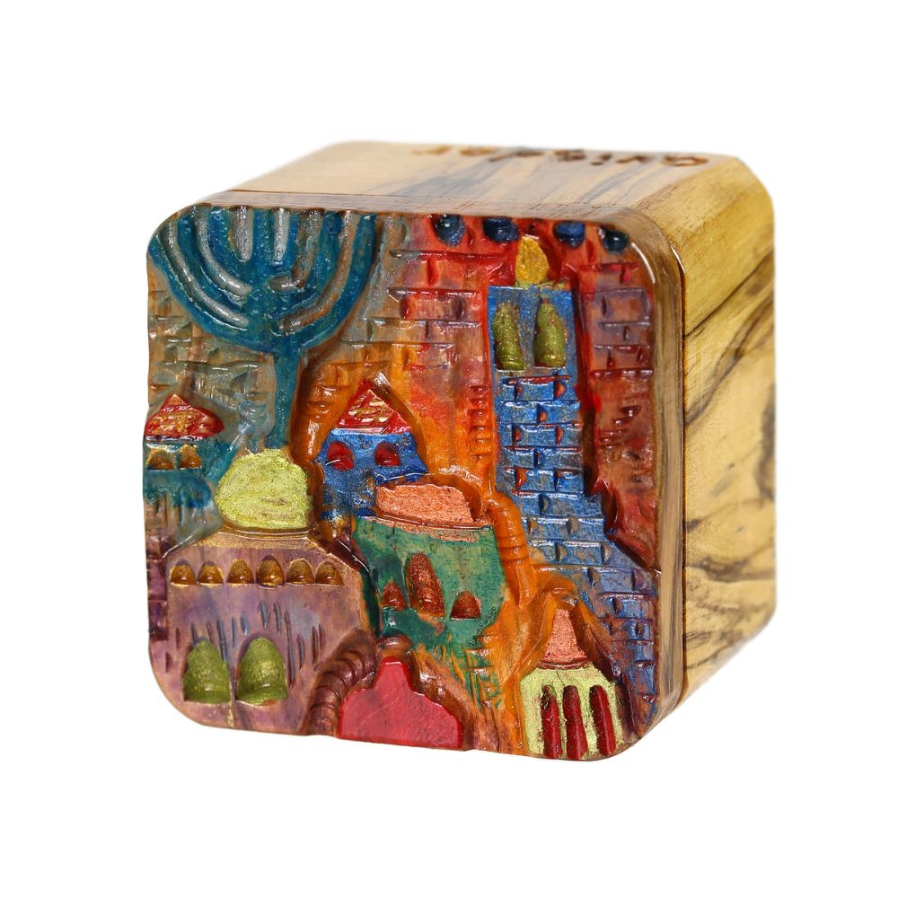 Box, For Jewelry or Spices, Hand Carved Olive Wood with Jerusalem, Painted