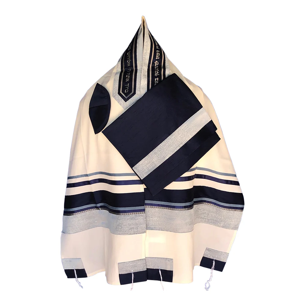 Tallit Set, Multi Blue Striping with Light Blue Silk Band, Brushed Cotton