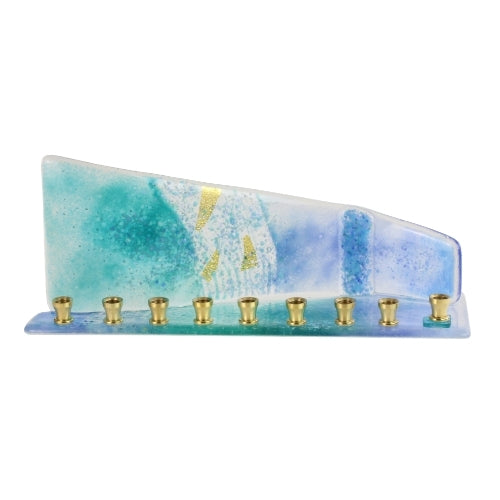 Menorah, Curved Geometric Design, Hand Cut Glass with Gold Leaf Detail