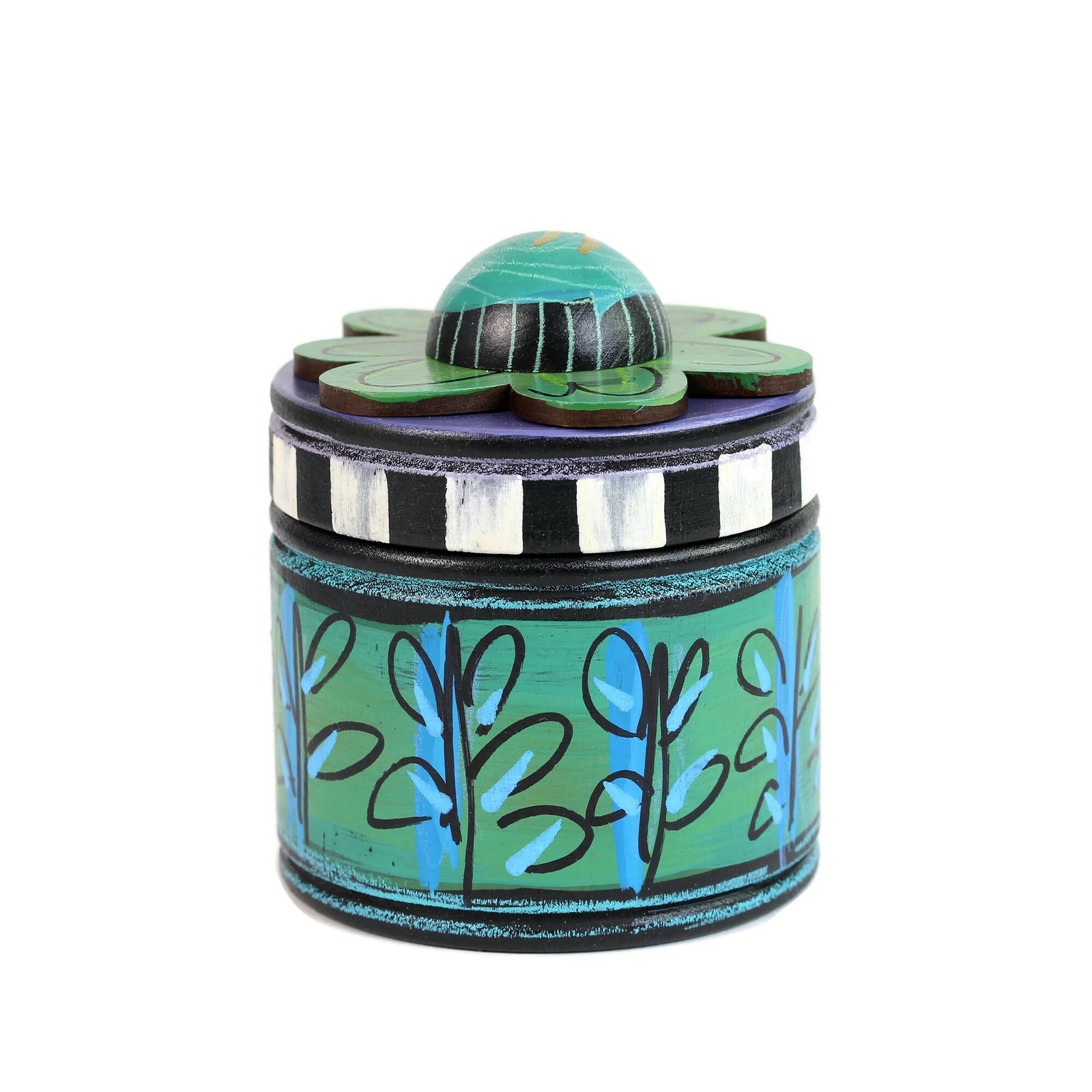 Jewelry Box, Hand Painted Wood, Flower Top with Chai, Turquoise Base